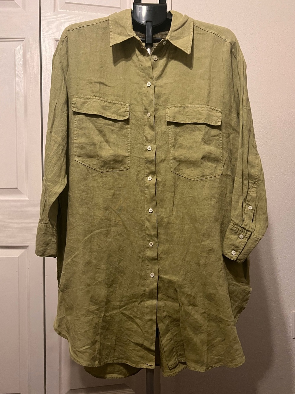 Zara 100% Linen Oversized Tunic Shirt Olive Green Size L